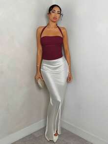 Glamine Sexy Reddish Brown Color Halter Neck Backless Ruched Sleeveless Tank Top,Women Birthday Tank Top,Basic Tank Top,Going Out Tank Top,Party Must Have,Christmas Tank Top,Elevated Eance Tank Top,Streetwear,New Year Top,Valentine Top,Spring Top - Redwood - View 3