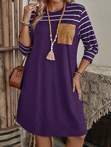 EMERY ROSE Große Größen einfarbiges gestreiftes Patchwork Rundhals Langarm Kleid