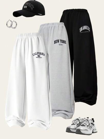 Sparklyn 3 件装 Tween 女童针织阔腿印花裤，适合休闲装、运动装、校服