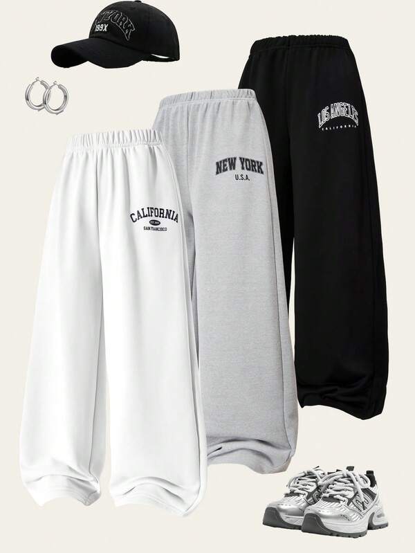 Sparklyn 3 件装 Tween 女童针织阔腿印花裤，适合休闲装、运动装、校服