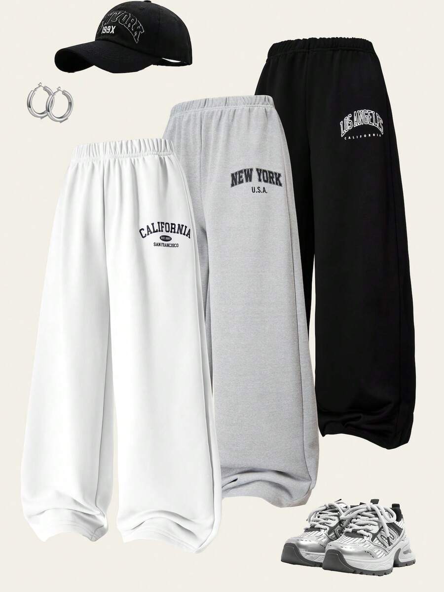 Sparklyn Bộ 3 chiếc quần dài ống rộng in họa tiết dành cho bé gái tuổi teen, đa năng, phù hợp cho các hoạt động thường ngày, thể thao và đi học. - trắng - Xem 1