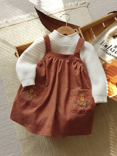 Vintaside Kids 1pc Floral Embroidered Sleeveless Jumper Dress For Baby/Toddler Girls, Yellow-Brown