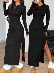 SHEIN 少女黑色针织开衩连衣裙，时尚百搭，适合日常穿着 - 黑色 - 查看 1