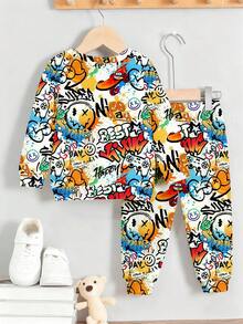 2pcs/Set Young Boy Crew Neck Sweatshirt + Matching Fleece Pants Set, Autumn/Winter - Khaki - View 2