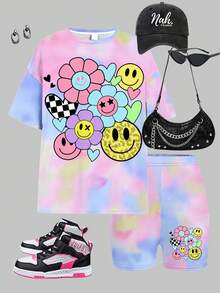 SHEIN Leap Crew 2 件套：扎染花卉印花、心形、豹纹少女休闲宽松短袖 T 恤和紧身裤，适合夏季