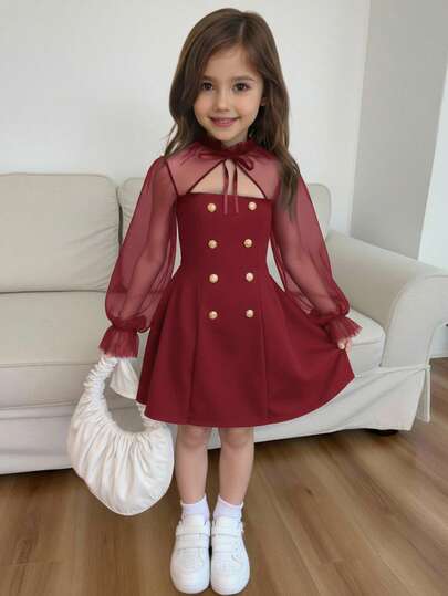 Young Girl Contrast Mesh Flare Sleeve Bow Solid Turtleneck Double-Breasted Long Sleeve Dress, Back Bow A-Line Dress, Back-To-School, Fall/Winter Dresses, Suitable For Daily Wear, Casual Occasions, Elegant Parties, Birthday Parties, For Wedding Party Dress Kids Kids Party Dress Burgundy Kids Dress Elegant Long Sleeve Dress Girl Fashion Dress
