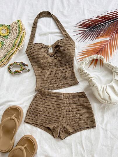 Soleia Summer Autumn/Winter Resort 2 Pieces Set: Textured Khaki Sleeveless Top With Metal Necklace Detail And Casual Shorts, Suitable For Daily Wear, Vacation, Beach Brown Two Piece Set Vacation Two Piece Set Tan Two Piece Set Beach Two Piece Set Swimsuit Set Spring Outfit Women Valentine's Day  Beach Outfit For Women Birthday Going Out For Women  Elegant Casual Vacation High Waist Shorts Set