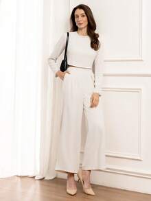 Miaspire Bộ 2 món áo và quần đính cườm thanh lịch dành cho nữ khi đi làm - Màu be - Xem 3