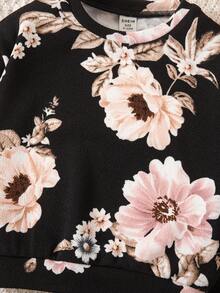 SHEIN Babygirl 可爱休闲花卉针织长袖运动衫和裤子套装 - 彩色 - 查看 3