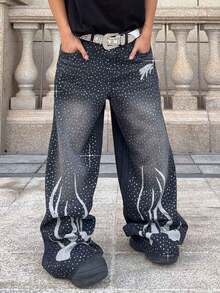 ROMWE MEN Street Life Men's Loose Fit Rhinestone Embellished Wide Leg Jeans - Black - View 1