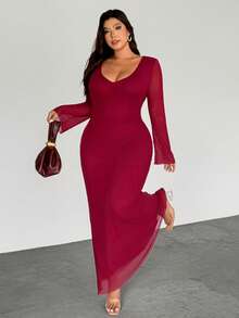 SHEIN Privé 加大码优雅纯色露背连衣裙，适合派对 - 酒紅色 - 查看 6