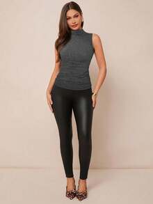 Amorya High-Neck Ruched Sleeveless Top Summer - Grey - View 4