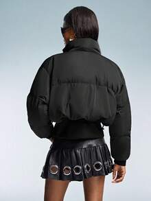 GENKIRA Áo khoác đệm cổ đứng màu đen, thắt eo, thời trang - màu đen - Xem 2