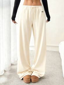 SHEIN EZwear 女士休闲杏色抽绳腰阔腿宽松裤，秋冬 - 杏色 - 查看 3