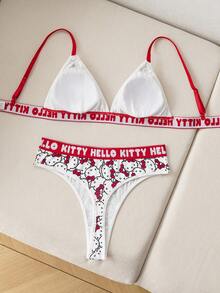 HELLO KITTY AND FRIENDS | SHEIN 女士可爱卡通猫咪印花字母文胸和内裤套装 - 紅白色 - 查看 2