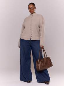 MUSERA 大号漏斗领蓬松针织长袖开衫，优雅可爱性感街头风，适合夜间外出穿着 - 卡其色 - 查看 5