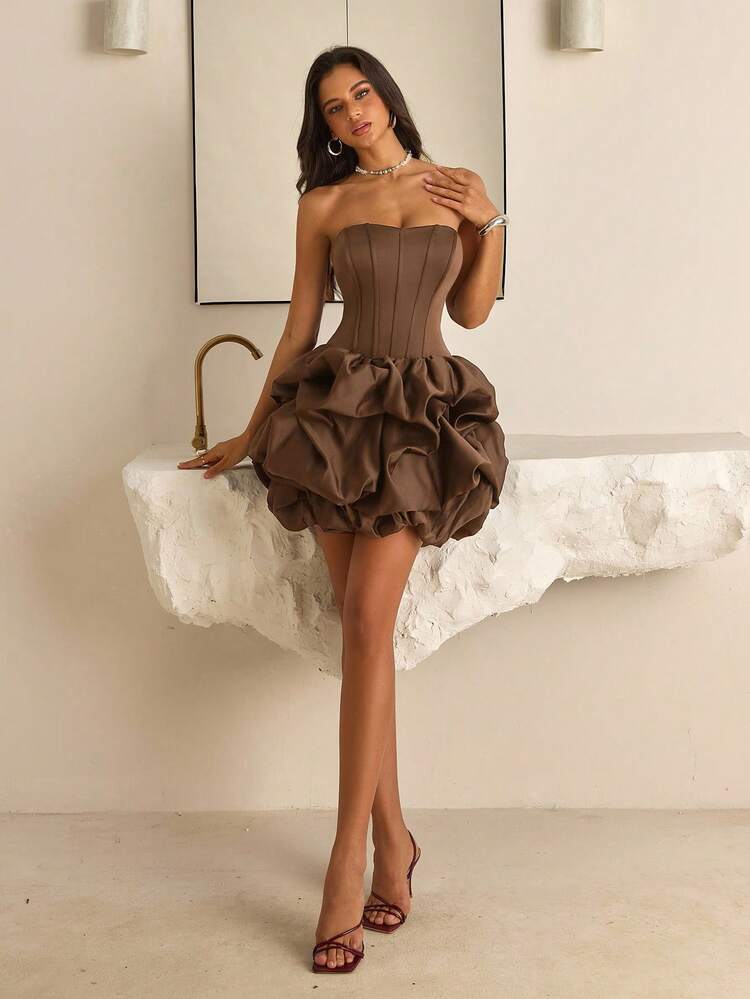 Vowa Elegant Brown Minimalist Strapless Fish Tail Peplum Maxi Dress With  Tie Waist, Suitable For Dates, Vacations, Birthdays, Parties, Dances,  Graduations, Shopping Trips, And Formal Occasions | SHEIN USA