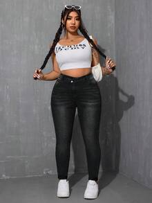 SHEIN ICON Plus Size Women Casual Pocket Skinny Jeans - Black - View 6