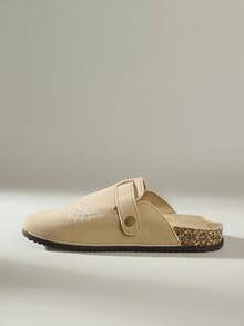 Solecia 纯色刺绣，金属扣装饰，按扣闭合，厚底舒适，软木底，厚底凉鞋，适合户外、通勤、休闲、日常穿着 - 卡其色 - 查看 3