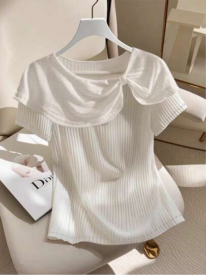 SHEIN EMERY ROSE CURVE Plus Size Women's Solid Color Twist Knot Short Sleeve Ribbed Casual Versatile T-Shirt