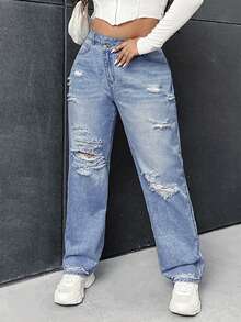 SHEIN ICON Plus Size Casual Washed Distressed Asymmetric Waist Jeans - Medium Wash - View 1
