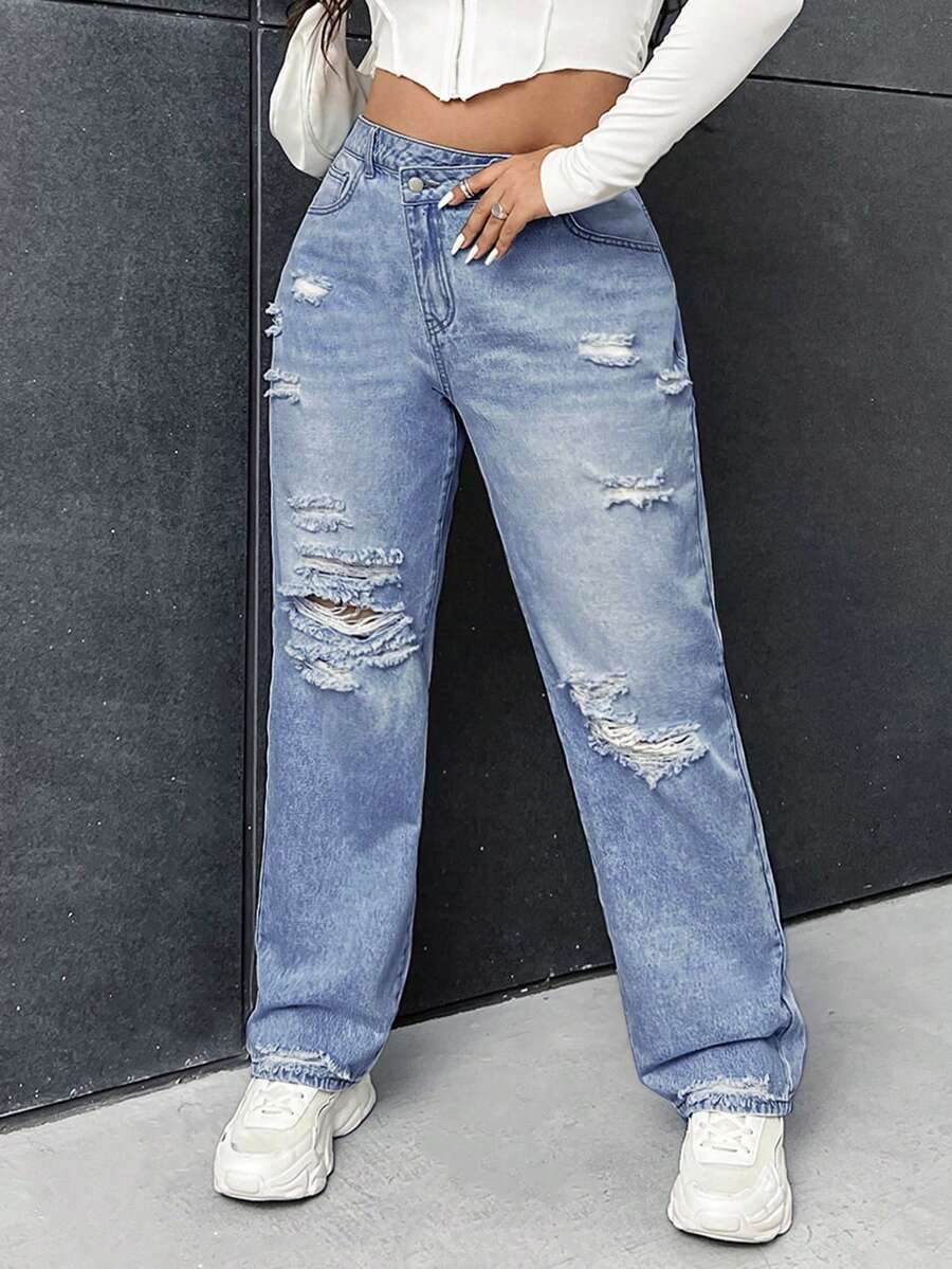 SHEIN ICON Plus Size Casual Washed Distressed Asymmetric Waist Jeans - Medium Wash - View 1