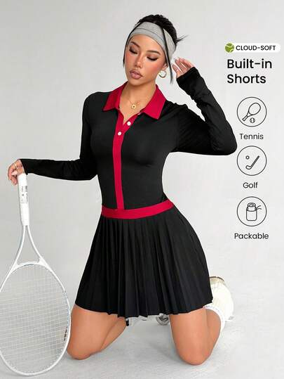 Dewbera 女式撞色 Polo 领长袖褶边运动连衣裙（含短裤）