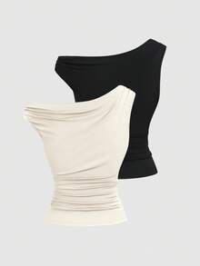 Sweetra Women's Solid Color Metal Decor Ruched Asymmetric Fitted Fashion Tank Top - Multicolor - View 2