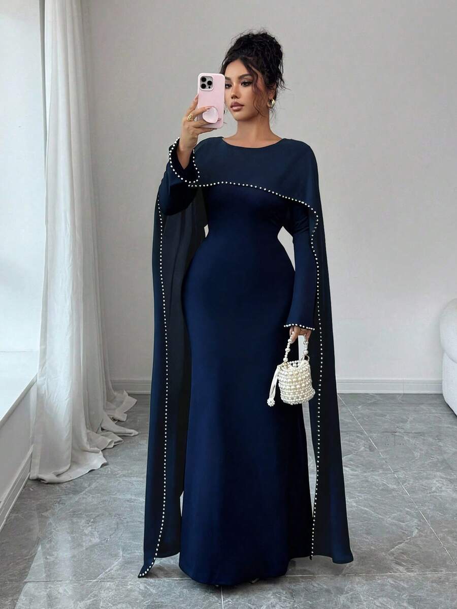Elenzga 2025秋冬新款女士优雅长裙，饰以精致珍珠。 - 藏蓝色 - 查看 1