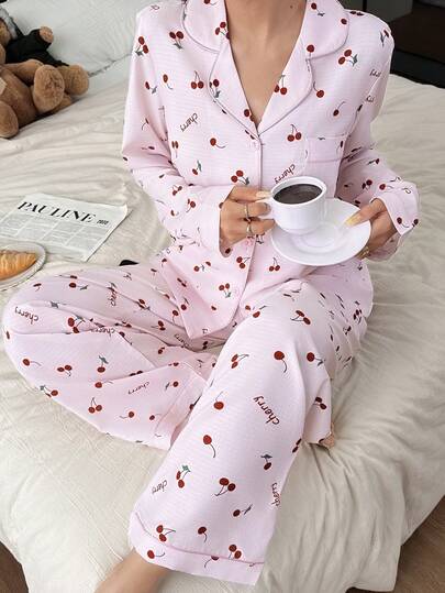 Dream Adore Cherry Blossom Print Lapel Collar Long Sleeve Pajama Set For Women Cherry Pajamas Cherry Pajama Set Pajamas Cute Pj Set