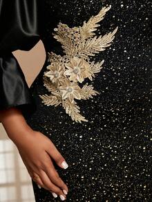 Fleurora Đầm ôm thanh lịch đính sequin đính lưới tương phản cỡ lớn cho nữ - Màu be - Xem 8