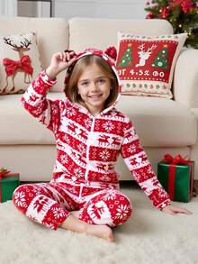 SHEIN Young Girls' Christmas White Winter Double-Sided Fleece Hooded Jumpsuit - Red and White - View 6