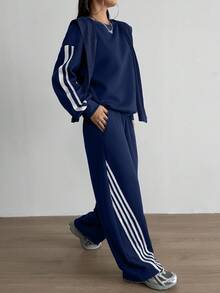 Aidyla Set de 2 sudaderas con capucha de felpa con rayas de color contrastante, estilo callejero de moda