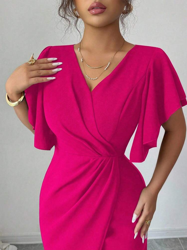 Elenzga Đầm dự tiệc cocktail tay bèo nhún lãng mạn cỡ lớn cổ chữ V ôm sát eo viền đuôi cá thanh lịch - Màu Hồng Tươi - Xem 6