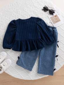 SHEIN Bộ 2 quần denim họa tiết sọc xanh navy thanh lịch ngọt ngào cho bé gái, thích hợp mặc dạo phố và đi học, mùa xuân/thu - Màu xanh hải quân - Xem 2