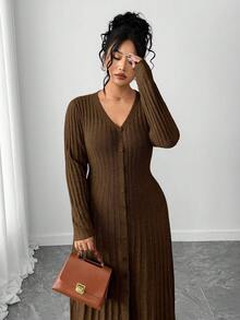 SHEIN Elenzya 1pc Women Plus Size Elegant V-Neck Long Sleeve Flared Hem Sweater Dress - Coffee Brown - View 6