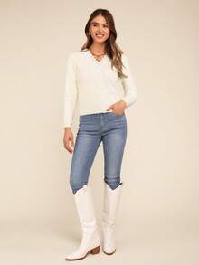 Coeurva Cardigan tricoté moelleux avec bordure en dentelle guipure, hauts à manches longues pour l'automne/l'hiver - Beige - Voir 3