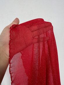 Maweii Đầm xòe tay loe cổ tròn màu trơn cỡ lớn đính sequin viền bèo nhún thanh lịch cho nữ - Đỏ - Xem 7