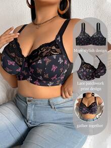 DesireSculpt 1pc Plus Size Lace Patchwork Wireless Bra - Multicolor - View 1