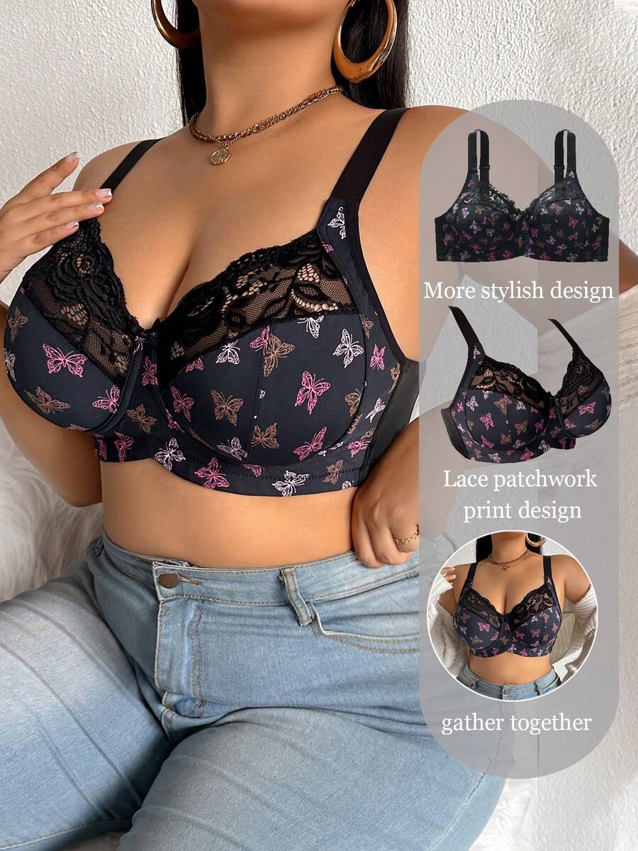 DesireSculpt 1pc Plus Size Lace Patchwork Wireless Bra - Multicolor - View 1