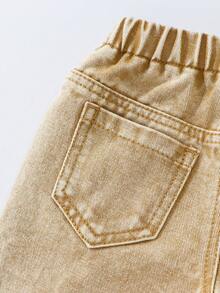 SHEIN Denimly 女婴休闲都市轻盈水洗全松紧腰心形贴片刺绣阔腿裤，可爱的花卉钩针装饰，米色和白色花朵与水洗牛仔布颜色相得益彰，温暖的秋冬氛围与春夏活力相得益彰 - 卡其色 - 查看 5