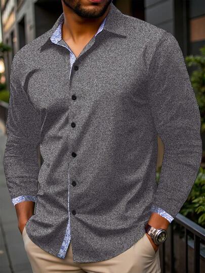 Manfinity Homme Plusstorlek herrskjorta med lång ärm och enkelknäppt casual/business-modell i kontrastfärg, plusstorlek