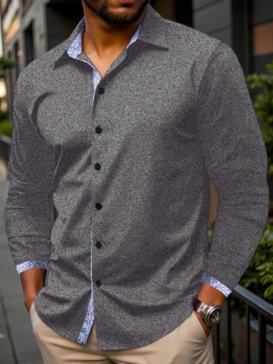 Manfinity Homme 男士加大码撞色长袖单排扣休闲/商务衬衫 - 灰色 - 查看 1