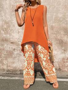 EMERY ROSE 2pcs Women Solid Color Round Neck Asymmetric Hem Sleeveless Top And Floral Print Wide Leg Pants Set - Orange - View 3