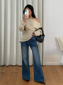 Siren Gaze 女式纯色褶饰不对称肩长袖衬衫 - 杏色 - 查看 5