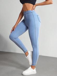 SHEIN PETITE Women's High Waist Casual Athleisure Versatile Daily Workout Gym Outing Jeans Light Blue Summer Petite Women - Blue - View 5