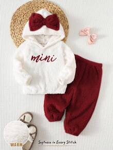 Cozy Pixies 女宝宝可爱简约休闲撞色卫衣套装，蝴蝶结套装，迷你套装，萌趣套装，适合冬季和秋季，带帽运动服套装，粉色蝴蝶结连帽套装，女宝宝冬季服装，迷你刺绣套装，可爱休闲舒适女宝宝套装，女宝宝蝴蝶结套装，返校季，日常穿着，圣诞节，万圣节 - 酒紅色 - 查看 3