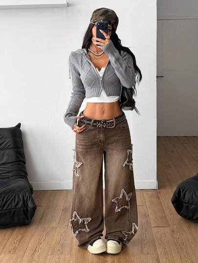 Coolane Quần jeans rách họa tiết ngôi sao phong cách Grunge Athleisure dành cho nữ của Rapper