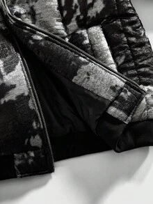 ROMWE MEN Street Life 男士时尚拉链深色纹理长袖羽绒服 - 黑色 - 查看 10