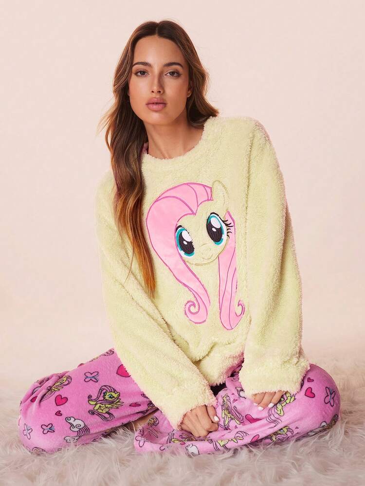 My Little Pony X SHEIN بيجامة نسائية مكونة من ملابس علوية ذات كتف منسدل وبنطال مطرزة بتصميم الحصان للخريف/الشتاء - متعدد الألوان - مشاهدة 7
